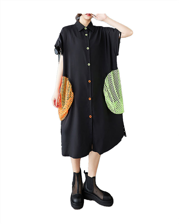 ellazhu Women's Dress Lapel Short Sleeve Button Down Flow Hem Beach Vacation Casual Pocket Kaftan GZ454 Black
