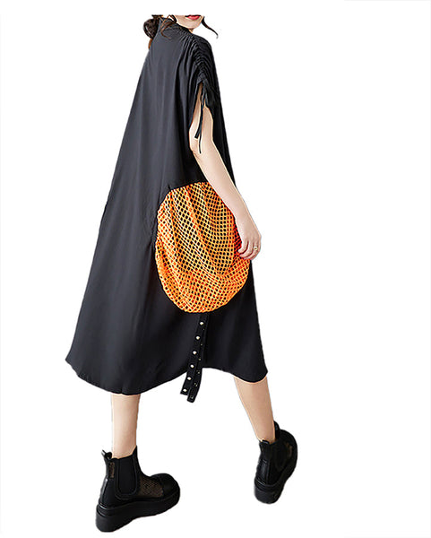 ellazhu Women's Dress Lapel Short Sleeve Button Down Flow Hem Beach Vacation Casual Pocket Kaftan GZ454 Black
