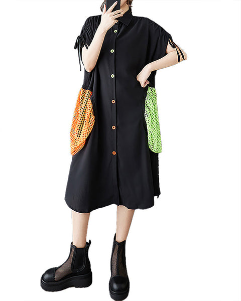 ellazhu Women's Dress Lapel Short Sleeve Button Down Flow Hem Beach Vacation Casual Pocket Kaftan GZ454 Black