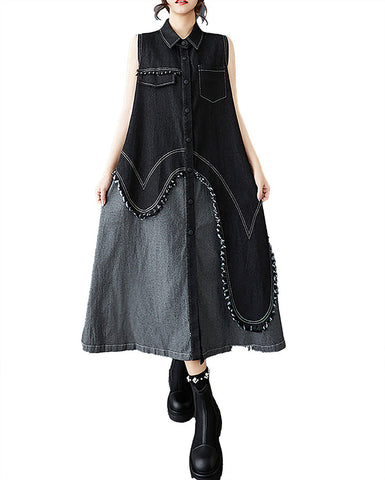 ellazhu Women's Dress Lapel Sleeveless Button Down Casual Jean Dress Vest Skirt GZ455 Black