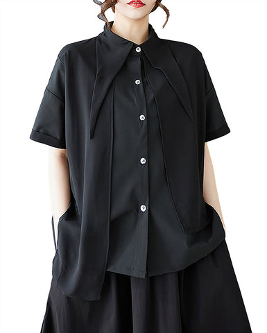 ellazhu Women's Dress Lapel Short Sleeve Chiffon Button Down Pleat GZ456 Black