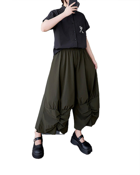 ellazhu Women's Pants Wide Leg The Drop Clothing Hippie Parachute Barrel Harem Pant GZ457 Army Green