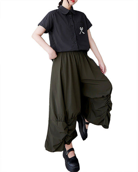 ellazhu Women's Pants Wide Leg The Drop Clothing Hippie Parachute Barrel Harem Pant GZ457 Army Green
