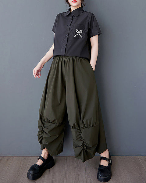 ellazhu Women's Pants Wide Leg The Drop Clothing Hippie Parachute Barrel Harem Pant GZ457 Army Green