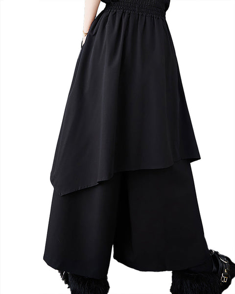 ellazhu Women's Pants Wide Leg Flowy Pocket Patchwork Casual High Waisted Irregular GZ459 Black