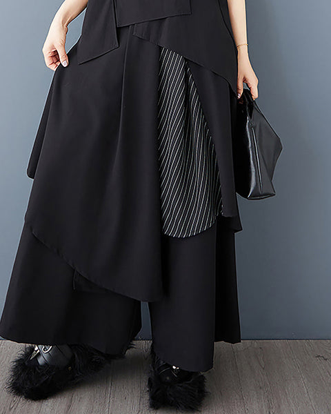 ellazhu Women's Pants Wide Leg Flowy Pocket Patchwork Casual High Waisted Irregular GZ459 Black