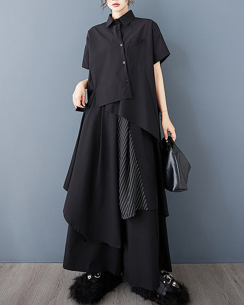 ellazhu Women's Pants Wide Leg Flowy Pocket Patchwork Casual High Waisted Irregular GZ459 Black