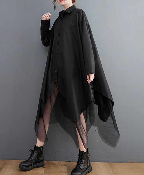 ellazhu Women's Casual Solid Long Sleeve Irregular Tulle Shirt Dress GZ45