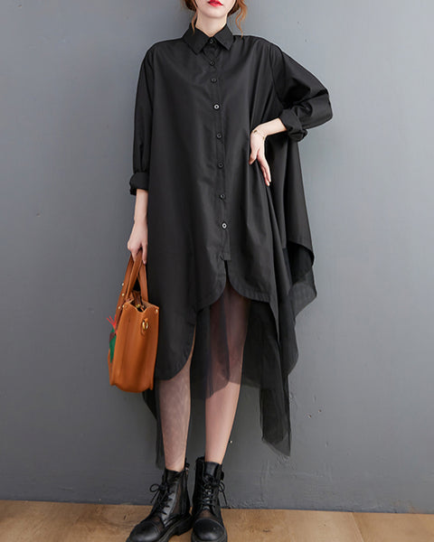 ellazhu Women's Casual Solid Long Sleeve Irregular Tulle Shirt Dress GZ45