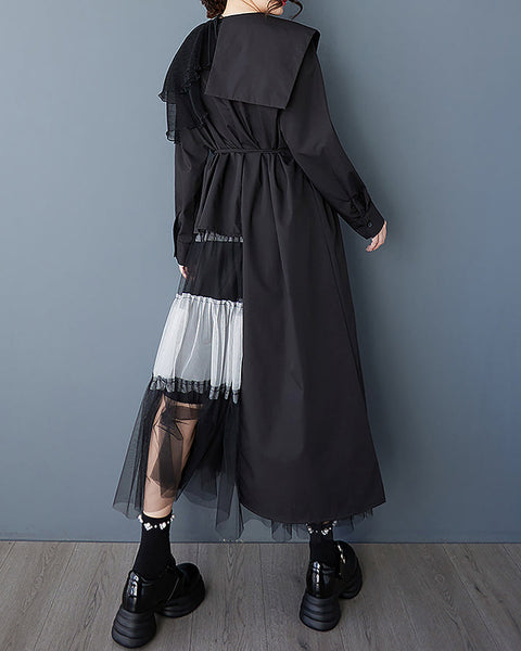 ellazhu Women's Dress Lapel Long Sleeve Patchwork Shirt Dress Flowy Hem Button Irregular Cinched Wist GZ460 Black