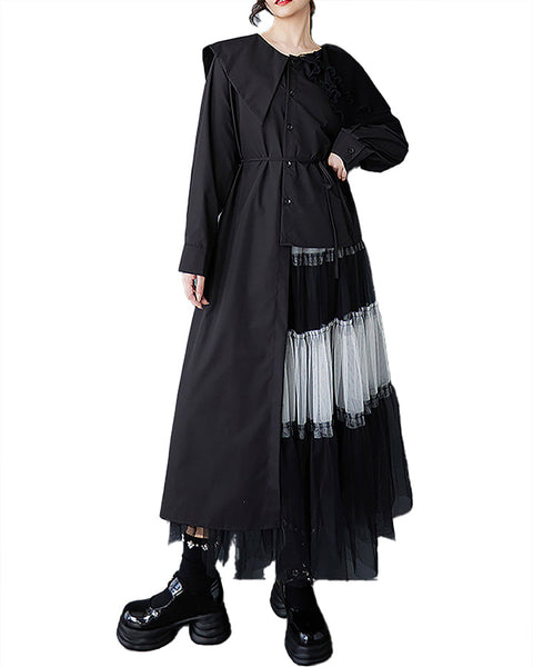 ellazhu Women's Dress Lapel Long Sleeve Patchwork Shirt Dress Flowy Hem Button Irregular Cinched Wist GZ460 Black