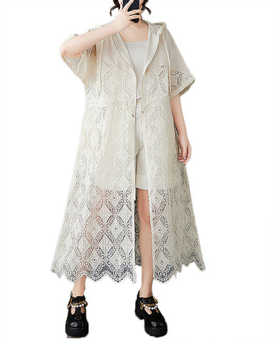 ellazhu Women's Dress Crewneck Short Sleeve Hollow Hook Flower Montage Hooded Flowy Hem Pocket Patchwork GZ462 White