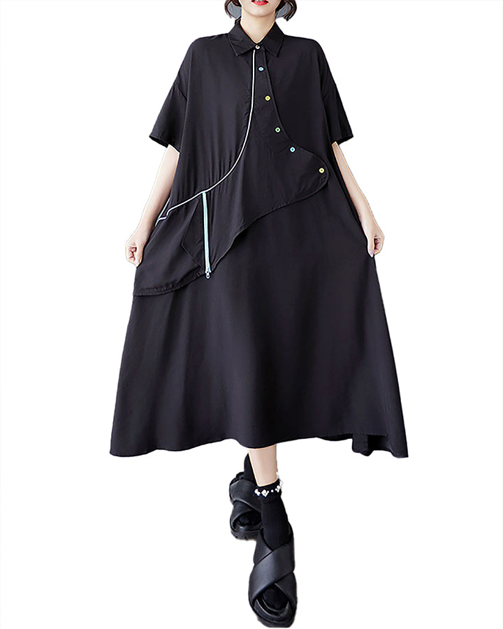 ellazhu Women's Dress Lapel Short Sleeve Button Pocket Flow Hem Fake Two-Piec GZ464 Balck Black