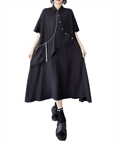 ellazhu Women's Dress Lapel Short Sleeve Button Pocket Flow Hem Fake Two-Piec GZ464 Balck Black