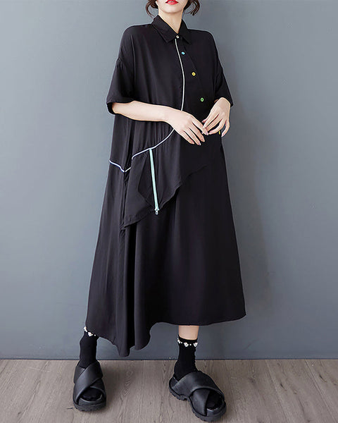 ellazhu Women's Dress Lapel Short Sleeve Button Pocket Flow Hem Fake Two-Piec GZ464 Balck Black