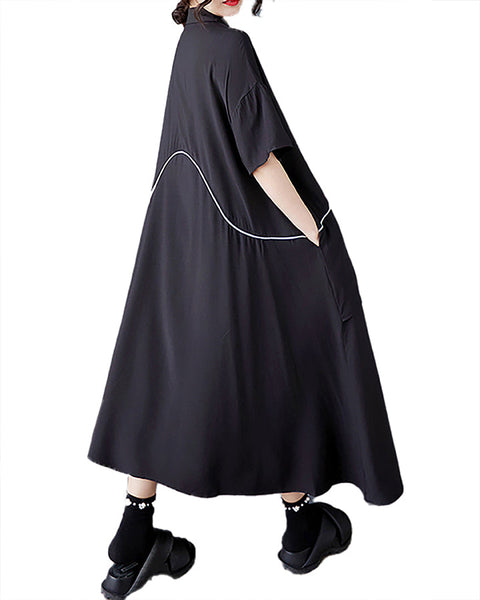 ellazhu Women's Dress Lapel Short Sleeve Button Pocket Flow Hem Fake Two-Piec GZ464 Balck Black