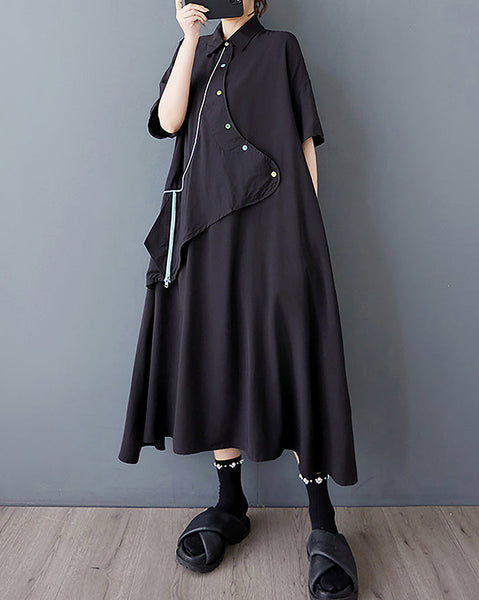 ellazhu Women's Dress Lapel Short Sleeve Button Pocket Flow Hem Fake Two-Piec GZ464 Balck Black