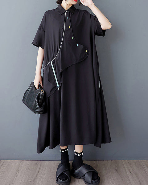 ellazhu Women's Dress Lapel Short Sleeve Button Pocket Flow Hem Fake Two-Piec GZ464 Balck Black