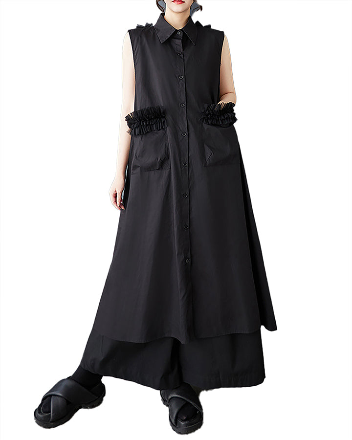 ellazhu Women's Dress Lapel Sleeveless Backless Pocket Tulle Patchwork Button Down Shirt Dress GZ465 Black
