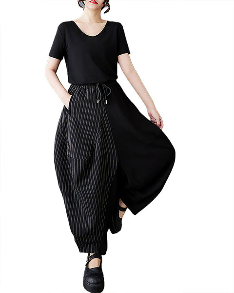 ellazhu Women's Pants Wide Leg Pocket High Waist Harem Pant Patchwork Striped GZ466 Black