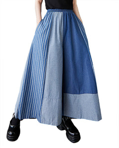 ellazhu Women's Pants Wide Leg Pocket High Waist Patchwork Striped Contrasting Jean GZ467 Blue