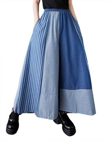 ellazhu Women's Pants Wide Leg Pocket High Waist Patchwork Striped Contrasting Jean GZ467 Blue