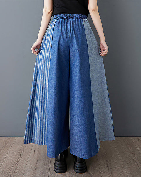 ellazhu Women's Pants Wide Leg Pocket High Waist Patchwork Striped Contrasting Jean GZ467 Blue