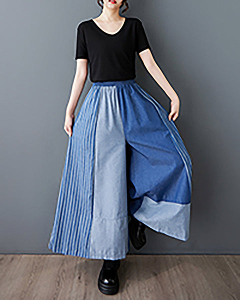 ellazhu Women's Pants Wide Leg Pocket High Waist Patchwork Striped Contrasting Jean GZ467 Blue