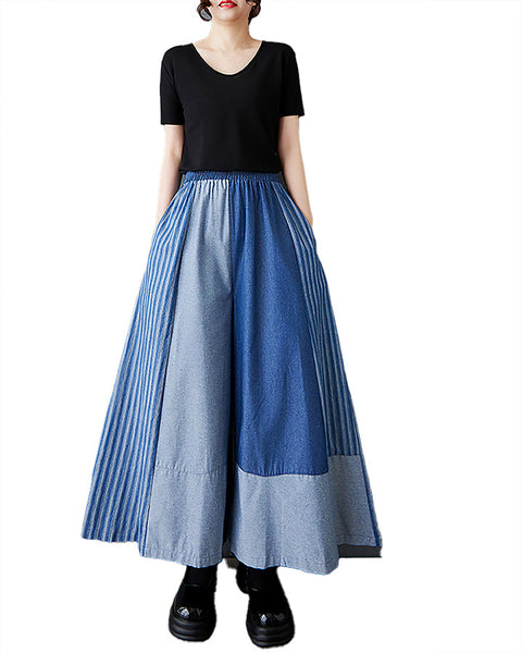 ellazhu Women's Pants Wide Leg Pocket High Waist Patchwork Striped Contrasting Jean GZ467 Blue