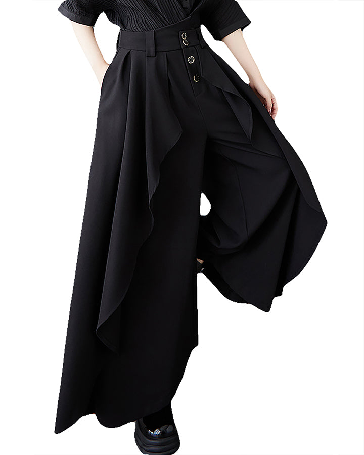 ellazhu Women's Pants Wide Leg Pocket High Waist Button Pocket Asymmetrical Irregular Hem GZ468 Black