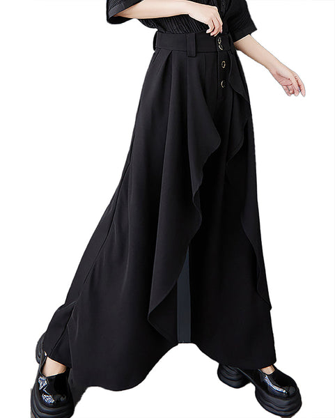 ellazhu Women's Pants Wide Leg Pocket High Waist Button Pocket Asymmetrical Irregular Hem GZ468 Black