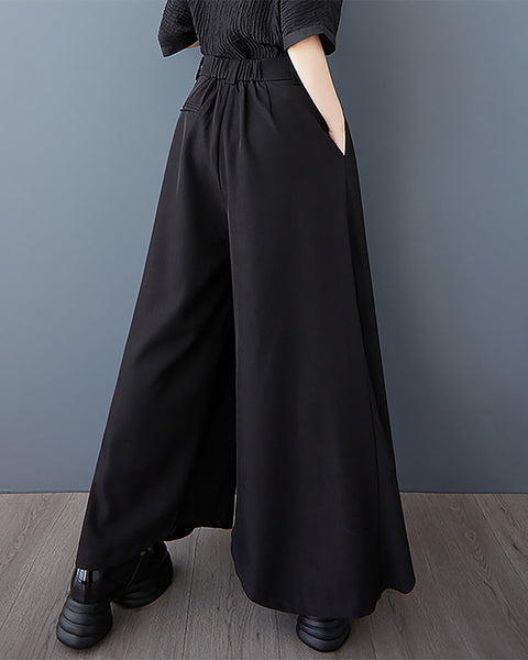 ellazhu Women's Pants Wide Leg Pocket High Waist Button Pocket Asymmetrical Irregular Hem GZ468 Black