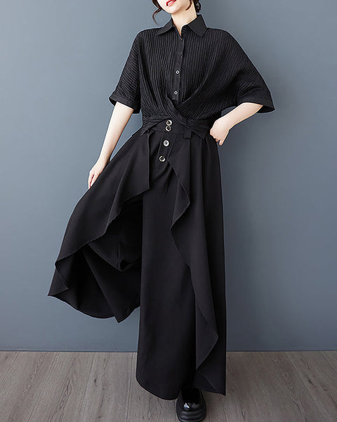 ellazhu Women's Pants Wide Leg Pocket High Waist Button Pocket Asymmetrical Irregular Hem GZ468 Black