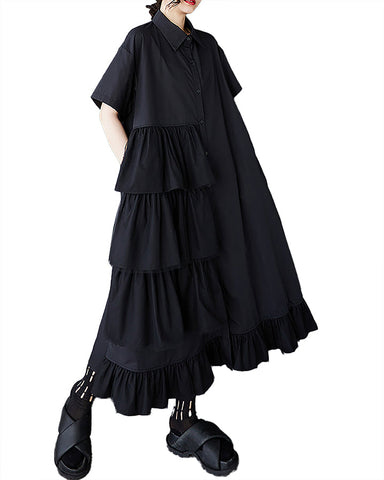ellazhu Women's Dress Lapel Short Sleeve Tulle Patchwork Button Down Pocket Shirt Dress Tiered GZ469 Black