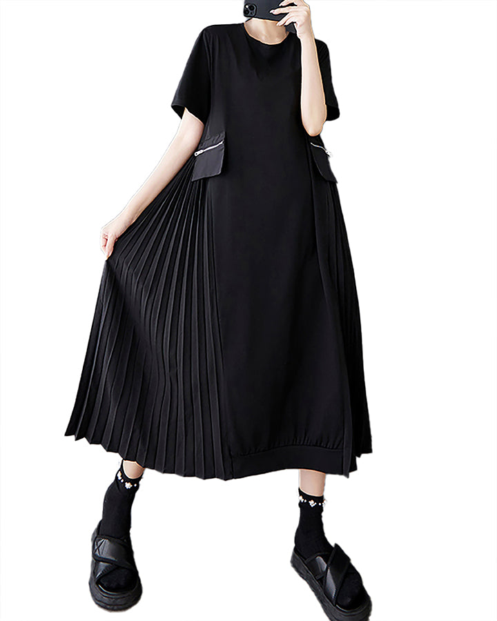 ellazhu Women's Dress Crewneck Short Sleeve Flowy Hem Patchwork Pleated GZ470 Black
