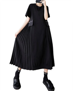 ellazhu Women's Dress Crewneck Short Sleeve Flowy Hem Patchwork Pleated GZ470 Black