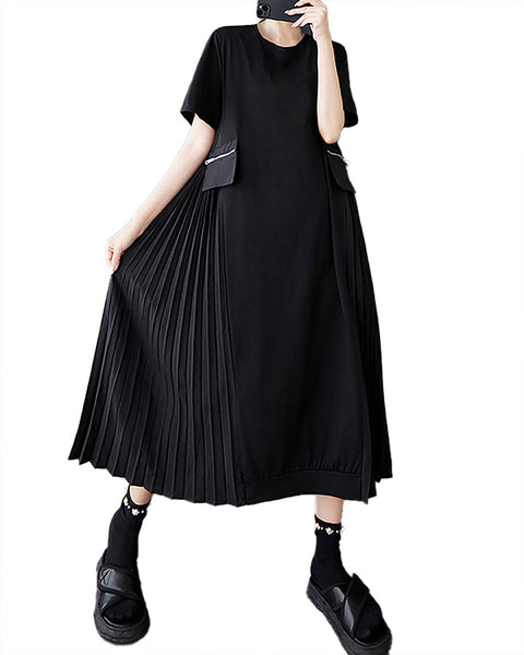ellazhu Women's Dress Crewneck Short Sleeve Flowy Hem Patchwork Pleated GZ470 Black