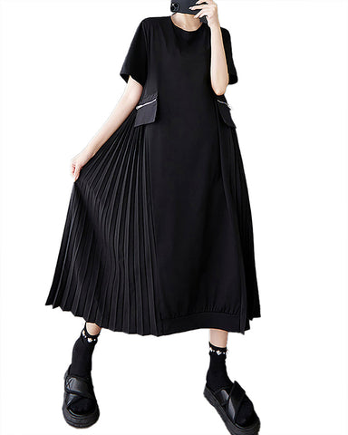ellazhu Women's Dress Crewneck Short Sleeve Flowy Hem Patchwork Pleated GZ470 Black