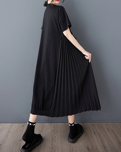 ellazhu Women's Dress Crewneck Short Sleeve Flowy Hem Patchwork Pleated GZ470 Black