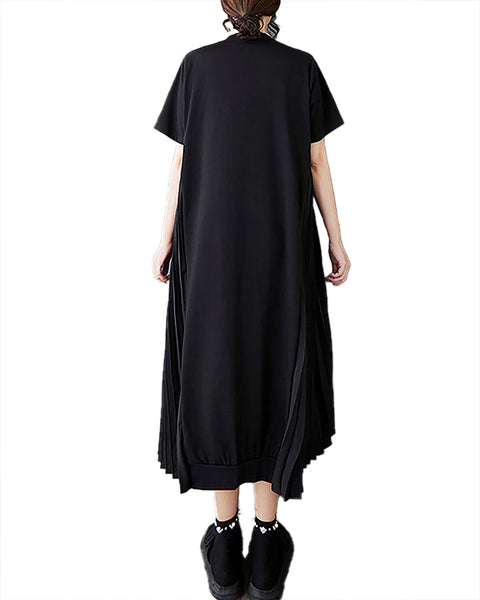 ellazhu Women's Dress Crewneck Short Sleeve Flowy Hem Patchwork Pleated GZ470 Black