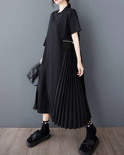 ellazhu Women's Dress Crewneck Short Sleeve Flowy Hem Patchwork Pleated GZ470 Black