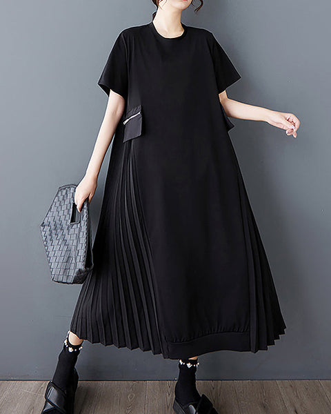 ellazhu Women's Dress Crewneck Short Sleeve Flowy Hem Patchwork Pleated GZ470 Black