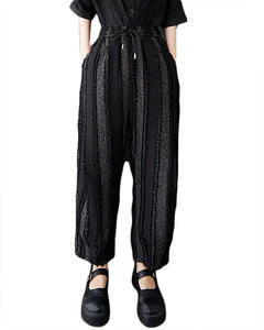 ellazhu Women's Pants Wide Leg Pocket High Waist Harem Pant Patchwork Striped GZ472 Black