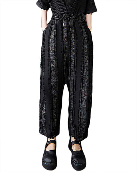 ellazhu Women's Pants Wide Leg Pocket High Waist Harem Pant Patchwork Striped GZ472 Black