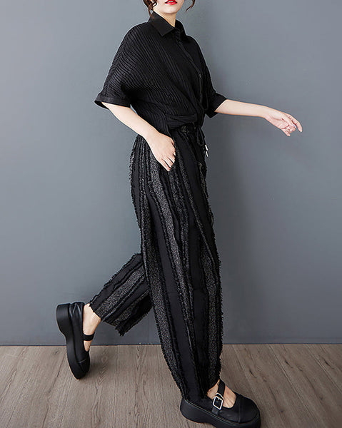ellazhu Women's Pants Wide Leg Pocket High Waist Harem Pant Patchwork Striped GZ472 Black