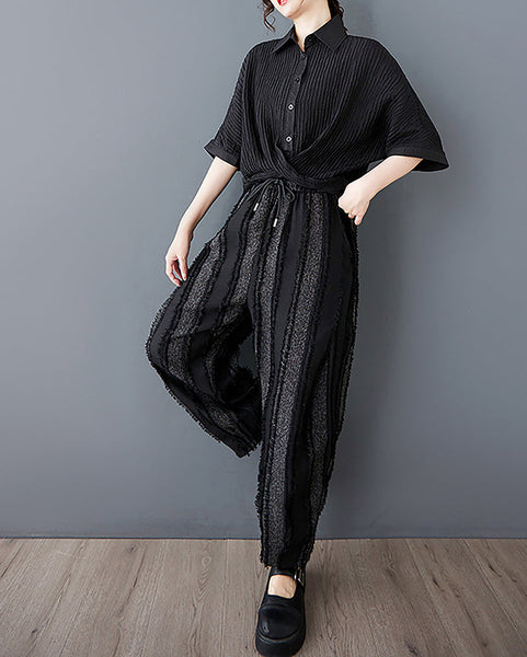 ellazhu Women's Pants Wide Leg Pocket High Waist Harem Pant Patchwork Striped GZ472 Black