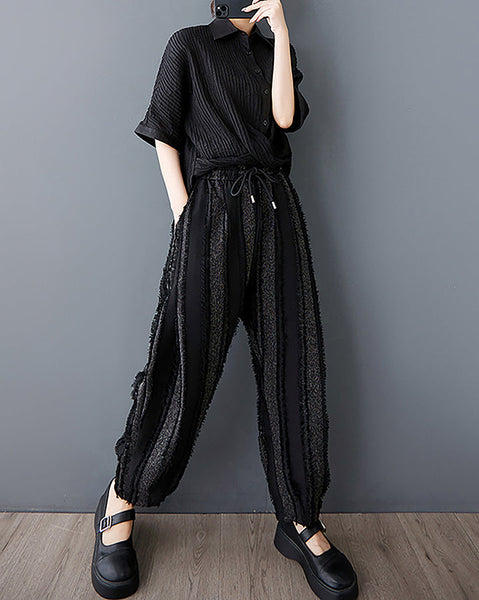 ellazhu Women's Pants Wide Leg Pocket High Waist Harem Pant Patchwork Striped GZ472 Black