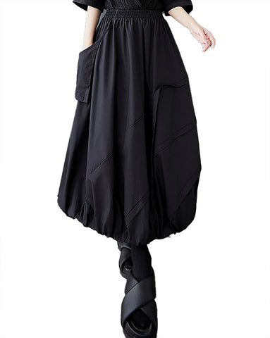 ellazhu Women's Skirt A-line Pleated Pocket Patchwork Puff Balloon Skirt GZ473 Black