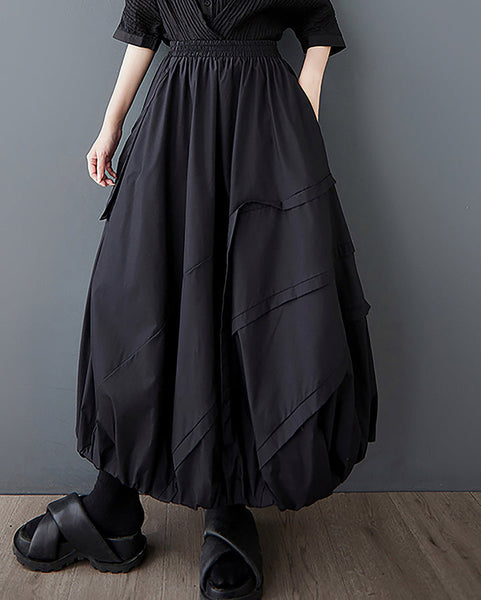 ellazhu Women's Skirt A-line Pleated Pocket Patchwork Puff Balloon Skirt GZ473 Black