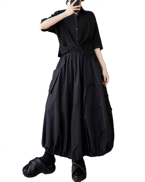 ellazhu Women's Skirt A-line Pleated Pocket Patchwork Puff Balloon Skirt GZ473 Black